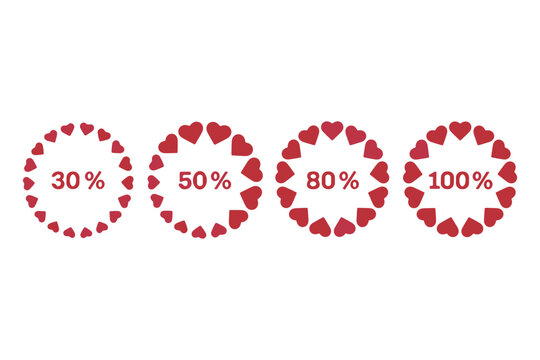 A set of four circular progress bar designs featuring red heart shapes arranged in a ring indicating completion percentages of thirty fifty eighty and one hundred isolated on white background