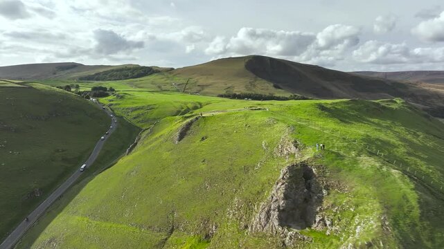 Winnats Pass from a drone, Castleton, Hope Valley, Peak District National Park, Derbyshire, England, UK