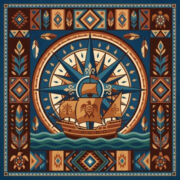 Nautical navigation compass and vintage sailing ship art with indigenous tribal patterns.