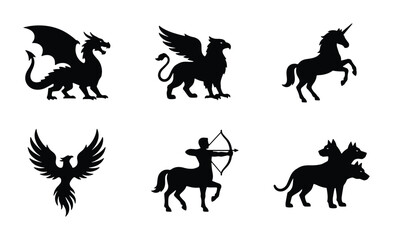 Obraz premium Mythical Creatures Silhouette Collection: Dragon, Griffin, Unicorn, Phoenix, Centaur, Cerberus