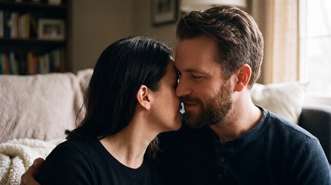 Couple affection heads together love relationship home comfort intimacy support. A smiling couple rests foreheads together on a sofa in a quiet home moment of affection and trust for awareness