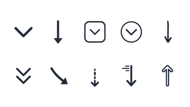 Collection of simple outline arrows pointing down and up with various styles isolated on transparent background