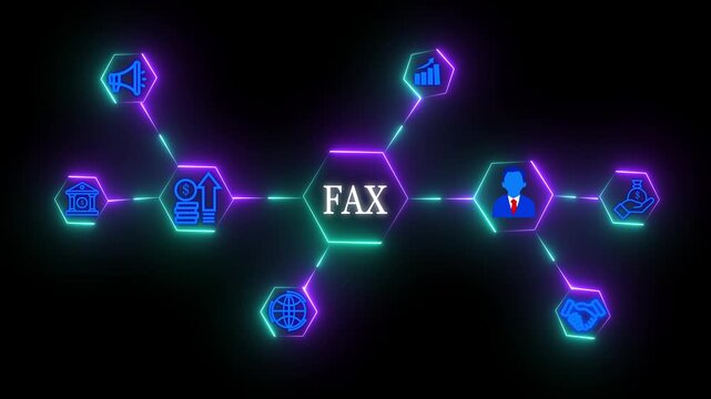 Business process management FAX Business Taxation and Financial Management Concept with Neon Icons, Accounting, Growth, Digital Network Connection with Glowing Neon black background animation.