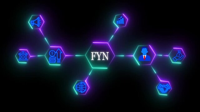 Business process management FYN Business Taxation and Financial Management Concept with Neon Icons, Accounting, Growth, Digital Network Connection with Glowing Neon black background animation.