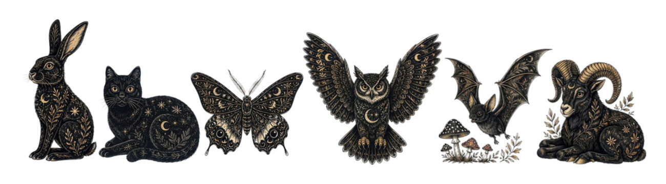 PNG Vintage black Halloween animals collection with spooky gothic style