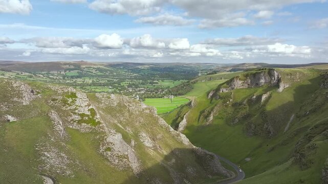 Winnats Pass from a drone, Castleton, Hope Valley, Peak District National Park, Derbyshire, England, UK
