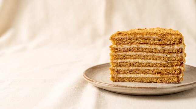 Slice of honey layer cake Medovik on ceramic plate, close up multilayer cake with cream on neutral background, copy space