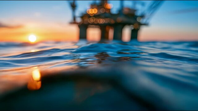Ocean surface glowing with sunset reflections in front of a blurred offshore oil and gas platform, illustrating marine energy production and industry