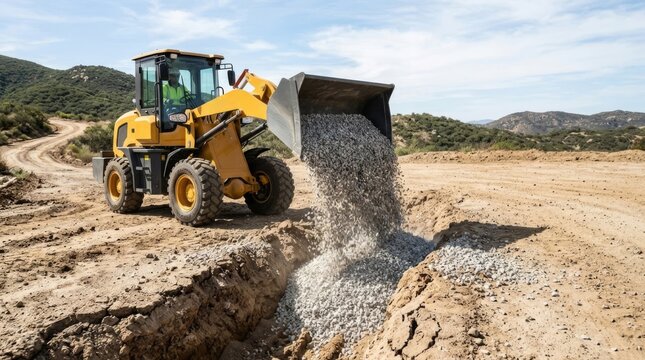 Yellow wheel loader dumping gravel into a trench on a construction site road, bright daylight, commercial construction imagery