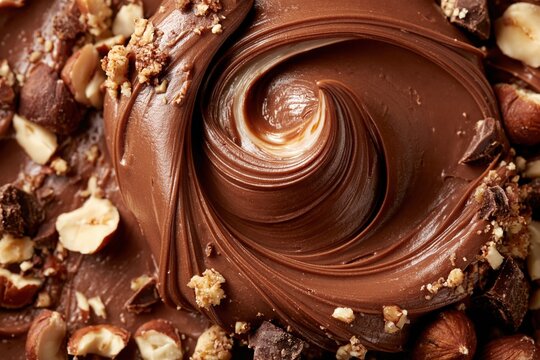 Hazelnut spread chocolate swirl texture with crushed nuts, a decadent and creamy confectionery dessert for bakery menus and branding