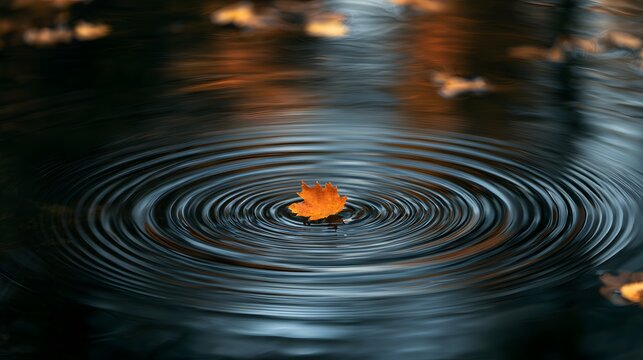 An autumn leaf floats peacefully on the water surface, creating gentle concentric ripples in a dark pond