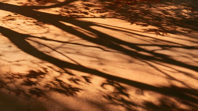 Shadows of tree branches and leaves projected on sandy ground