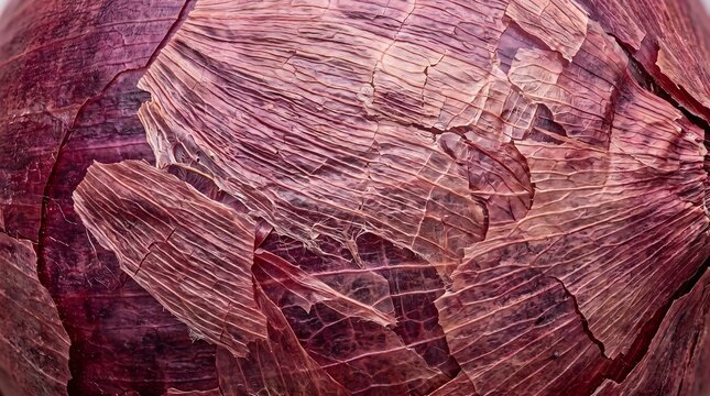 Close-up macro view of a fresh red onion revealing intricate textures and patterns of its outer layers, showcasing natural beauty
