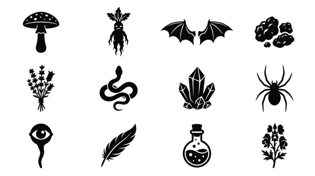 Collection of black and white magic items and mystical elements for witchcraft icon design