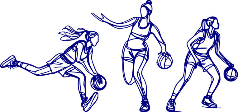 three female basketball players in dynamic dribbling poses blue outline