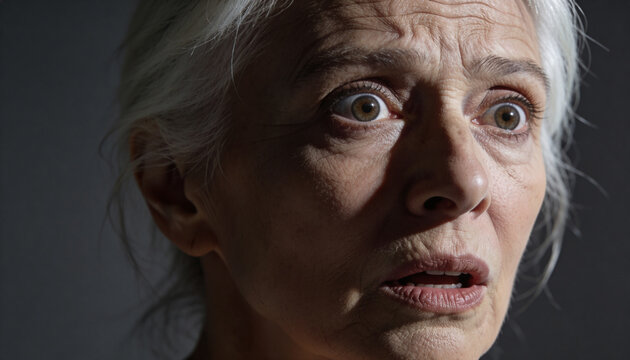 Senior woman with wide eyes and open mouth in close-up portrait on dark background. Shocked facial expression of older woman looking sideways. Fear, surprise and anxiety concept.