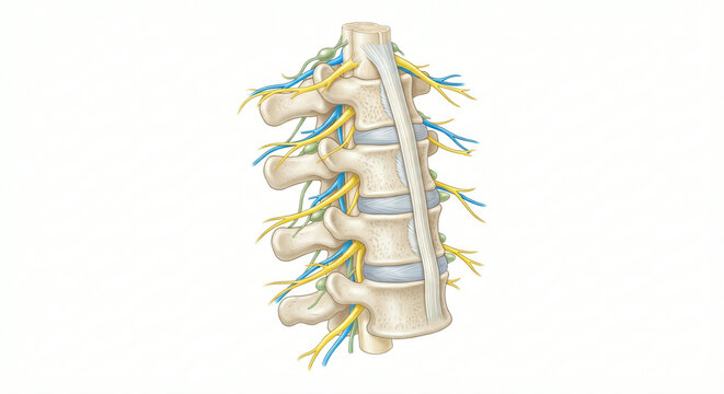 Anatomical illustration of human thoracic spine vertebrae with nerves and lymphatic vessels