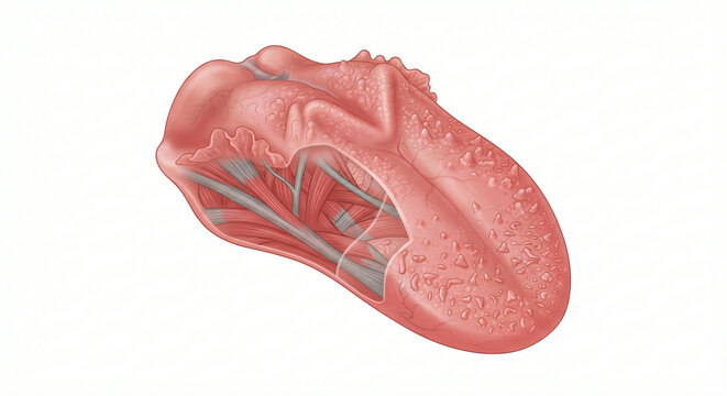Anatomical illustration of the human tongue showing internal muscle structure and surface papillae