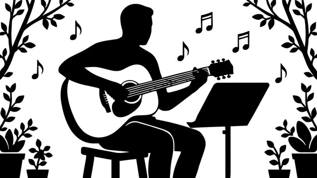 Ein Gitarrist sitzt auf einem Hocker und spielt sein Instrument. Die Kombination aus Person, Gitarre und wenigen Ornamenten macht daraus eine komplette Gravurszene.