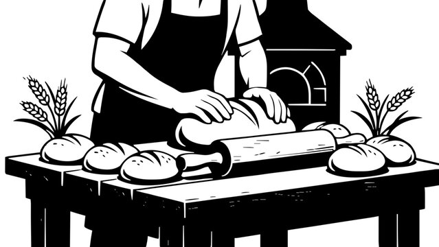 Ein B&auml;cker formt einen Brotlaib von Hand an einer rustikalen Werkbank. Brot, Getreide und Backofen machen das Thema sofort erkennbar.
