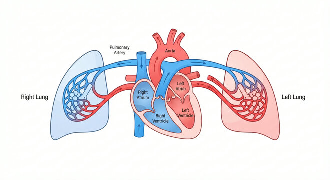 Educational diagram showing human heart anatomy and pulmonary circulation system in detail