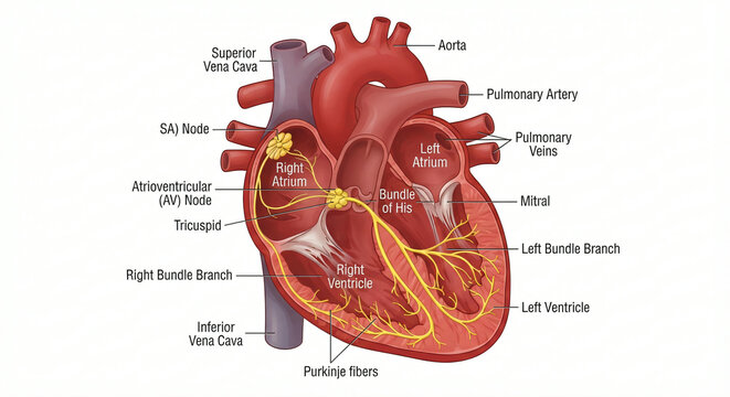 Anatomical illustration of the human heart showing the electrical conduction system and anatomy