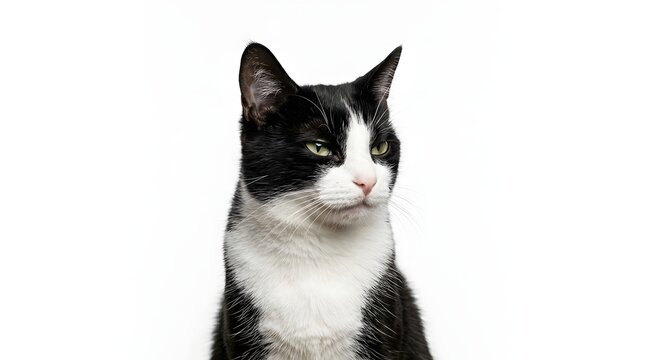 Close up portrait of tuxedo cat giving a mischievous side eye. Funny pet with suspicious look isolated on white background for meme or advertising.
