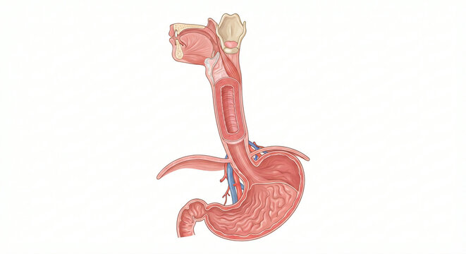 Anatomical illustration showing the human esophagus and stomach connection in cross section