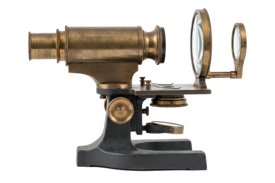 Brass microscope isolated on a transparent or white background. Vintage scientific laboratory equipment, historic medical research instrument and retro optical exploration tool.