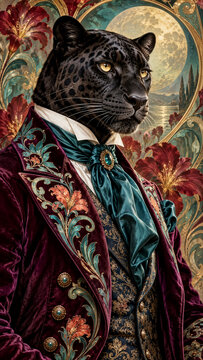 Anthropomorphic black panther wears an ornate velvet suit and jeweled cravat beneath a glowing full moon.