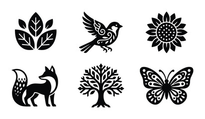 Obraz premium Elegant Black Vector Icons: Nature, Animals, Plants, and Flowers Set for Design