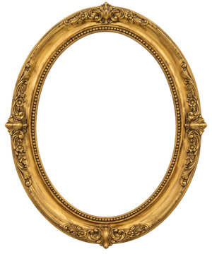 An elegant oval gold picture frame with intricate vintage floral carvings and beaded detailing