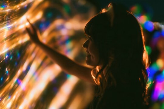Glowing fiber light wall touched by a woman in cat ears at a festive halloween party, vibrant and immersive for event promotion and banners