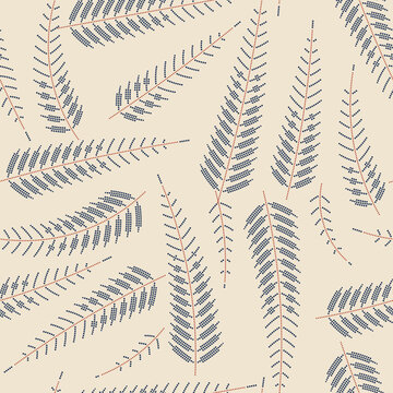 Seamless dotted fern leaf pattern, navy mosaic fronds on cream vector background