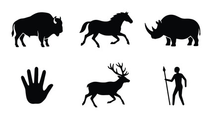 Obraz premium Caveman Icons, Ancient Animals, and Primitive Human Silhouette Vector Set