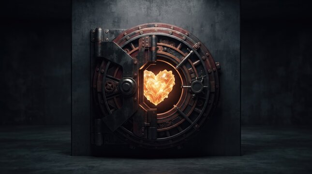 3d Giving Tuesday abstract background design new 2026 Futuristic vault with burning heart symbol glowing inside illustration