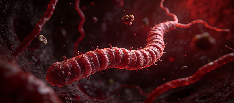 Segmented red organism in a dark microscopic environment. Microscopic life and biological structure. Microbiology research and science education. 3D scientific illustration.