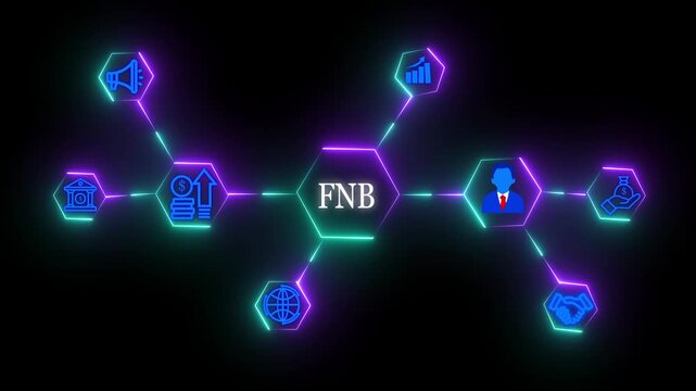  Business process management FXB Business Taxation and Financial Management Concept with Neon Icons, Accounting, Growth, Digital Network Connection with Glowing Neon black background animation.