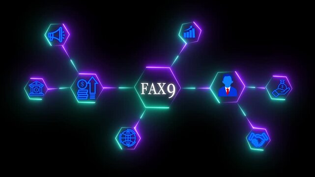 Business process management FAX9 Business Taxation and Financial Management Concept with Neon Icons, Accounting, Growth, Digital Network Connection with Glowing Neon black background animation.