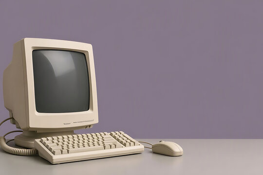 Vintage 1980s retro personal computer setup placed on the left side of the frame