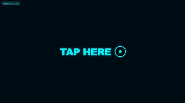 Futuristic Neon Tap Here Button with Play Icon on Dark Background.