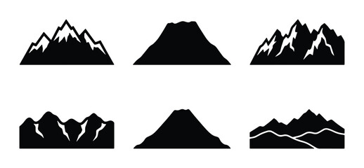 Set of 6 Black Mountain Icons, Vector Graphics for Landscape Design and Adventure Themes © Mosed