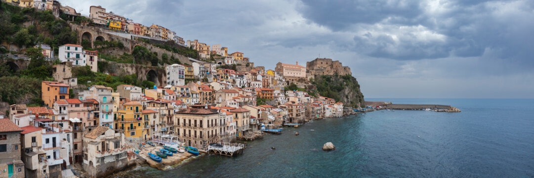 Coastal town of Chianalea with castle and harbor in calabria Italy