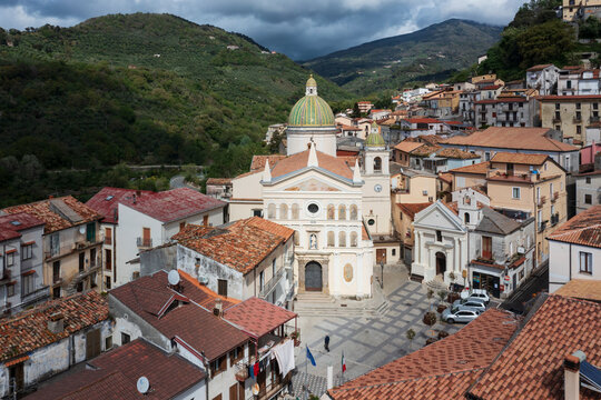 Aerial view of Nocera Terinese town square and church in calabria