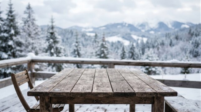 Wooden table covered with snow on mountain balcony