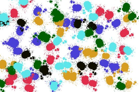 Colorful paint splashes and ink drops on white background abstract pattern
