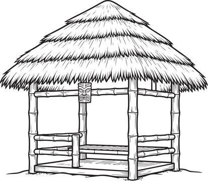 Minimal bamboo thatched beach hut gazebo tropical island outline illustration