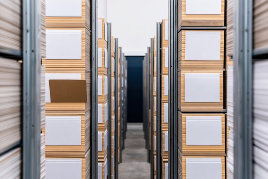 Dense stacks of card tiles in tall columns receding through a dim archive corridor, with dusty paper textures for data and organization concepts