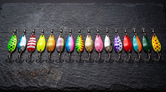 A collection of colorful fishing lures arranged in a row on a dark stone surface. The lures have different patterns and designs, intended to attract fish