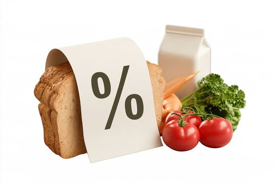 Fresh Grocery Products and Milk Bottle with Red Percent Sign Paper Tag on White Background Food Inflation Concept